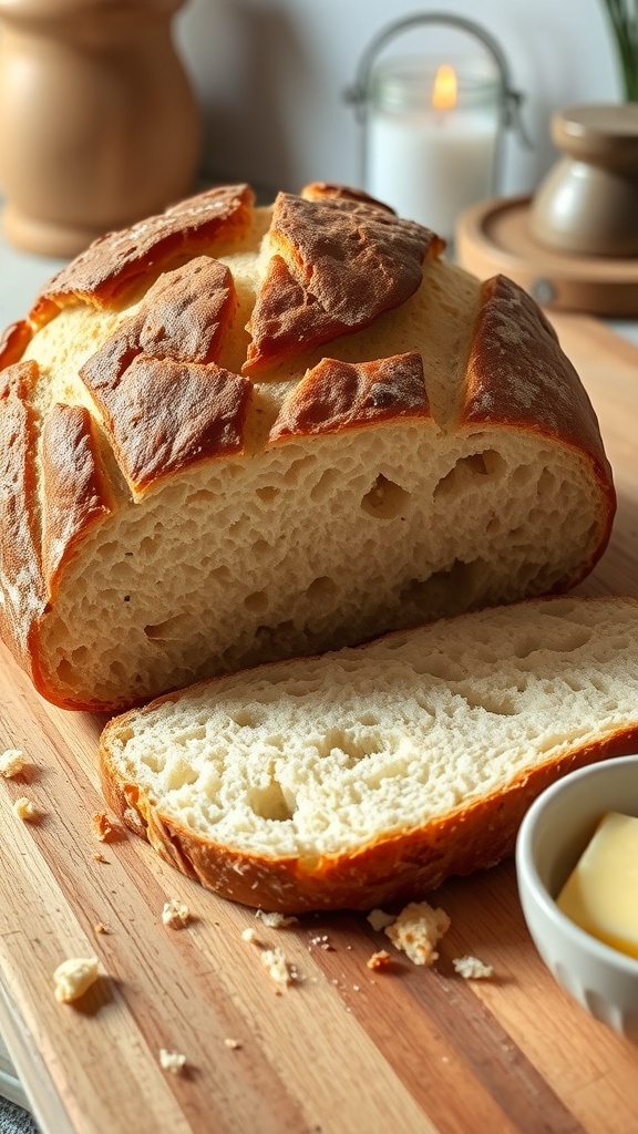 Sourdough Discard Bread Machine Recipe A sliced loaf of sourdough bread on a wooden board with butter, showcasing its crusty exterior and soft interior.